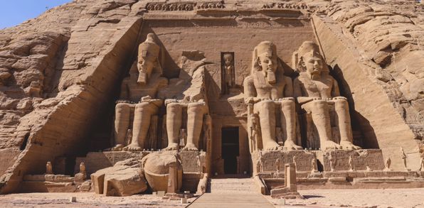 Egypt Aswan Abu Simbel Tempel Entrance With Ancient Colossal Statues Of Ramesses II