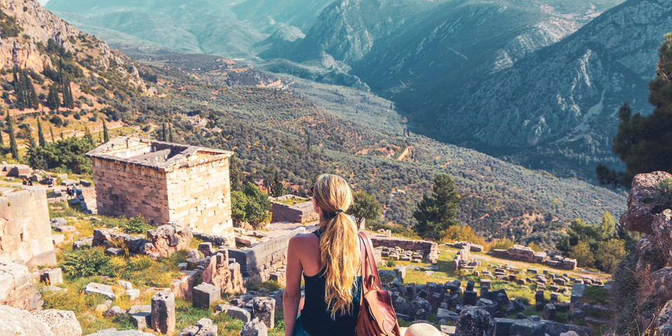 Greece Delphi Ancient Theater And Temple Of Apollo Tourist