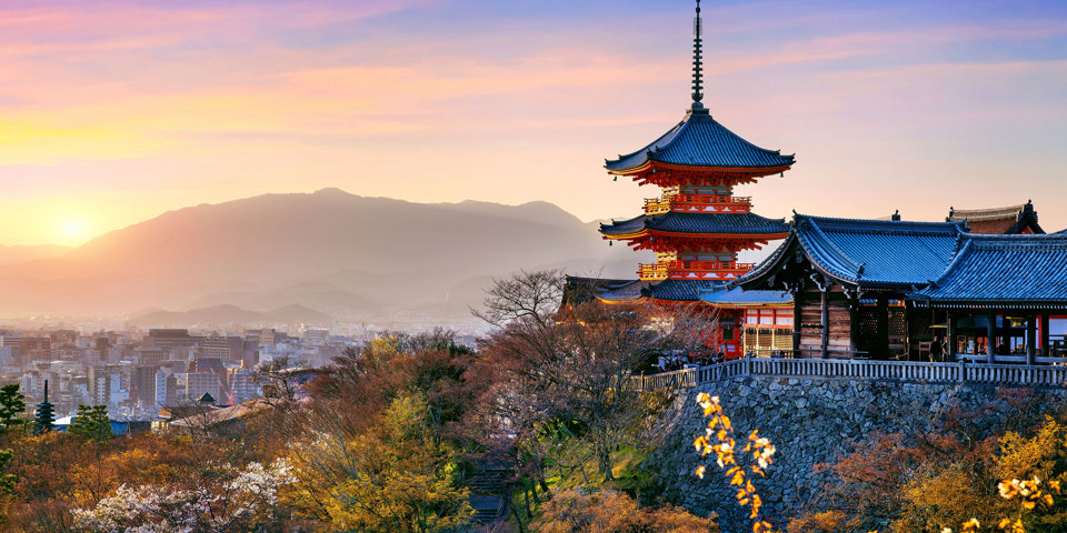 Kyoto Kiyomizu Temple And Red Pagoda Sunset