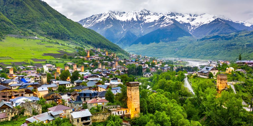 Georgia Mestia Village Upper Svaneti Panorama With Typical Tower Houses