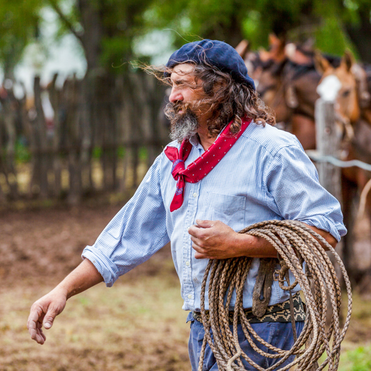 En gaucho viser os sine færdigheder på en farm uden for byen