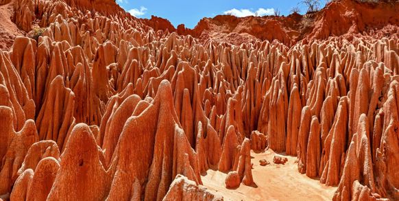 Videre går det til Tsingy Rouge, hvor vind og regn har formet de røde sandsten til dramatiske skulpturer.