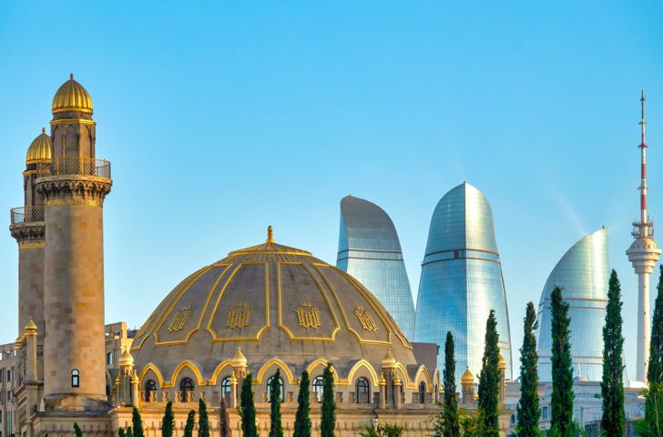Azerbaijan Baku Taza Pir Mosque And Flame Towers