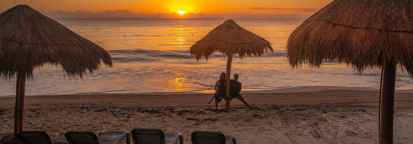 Mexico Puerto Morelos Couple At Sunrise On Beach