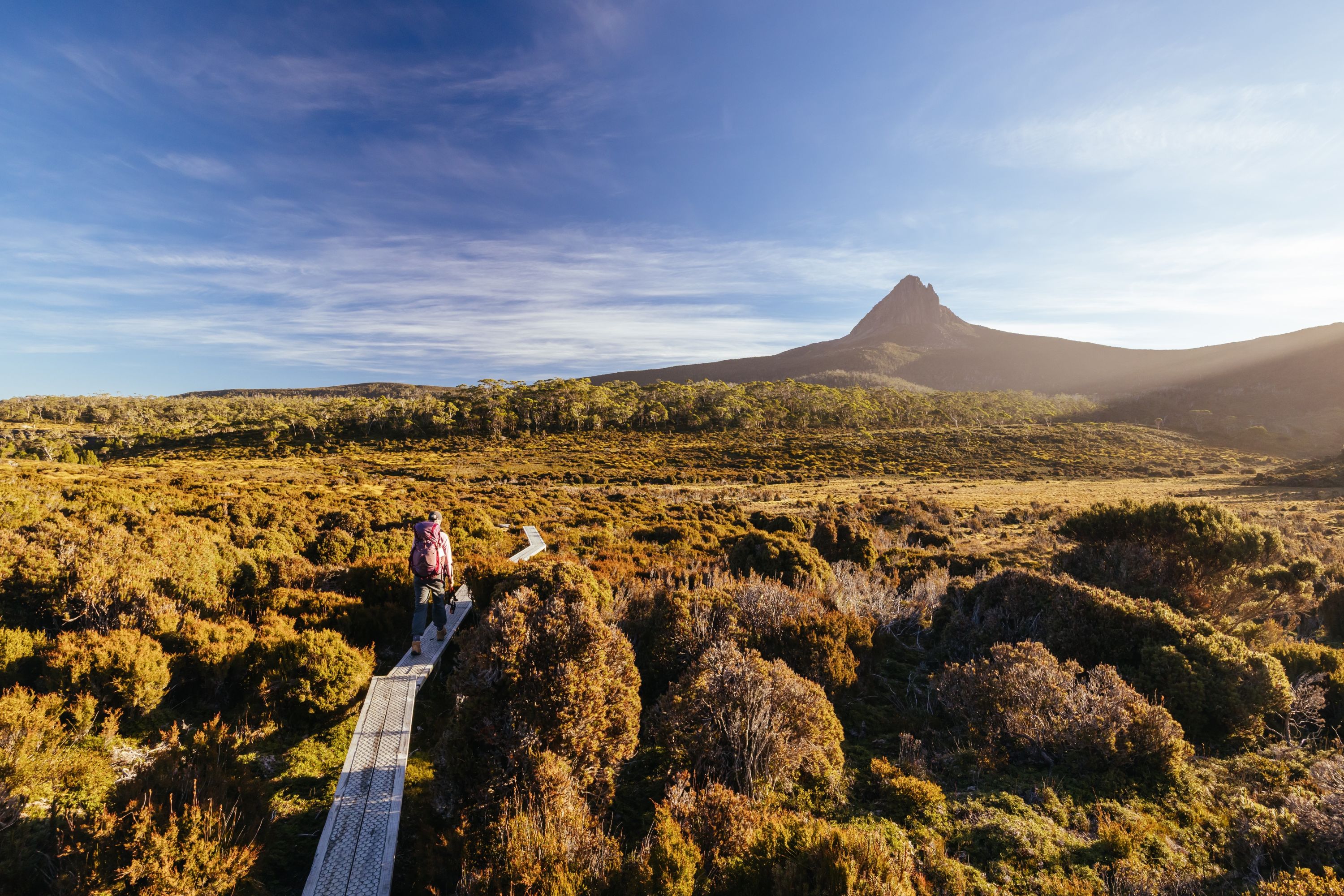 Australien Tasmanien Cradle Mountain Hiker Barn Bluff Landskab Solnedgang Efterår