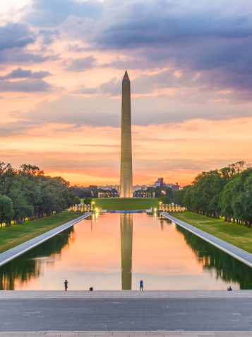 Washington Monument og Lincoln Memorial Reflecting Pool. 