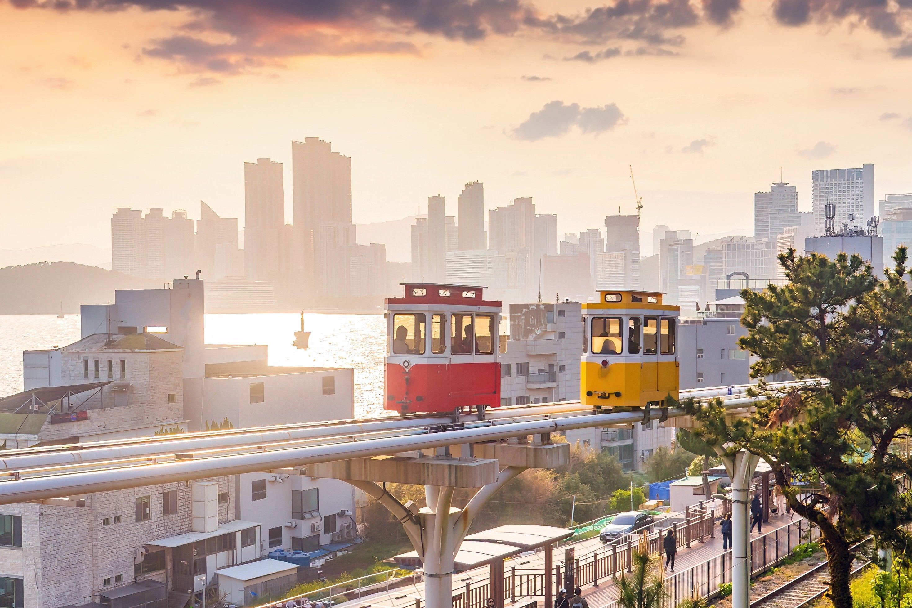 Sydkorea Busan Sky Capsule Solnedgang