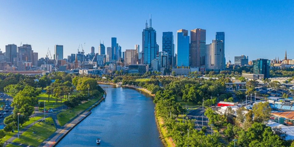 Australia Melbourne Skyline Set Fra Yarra River